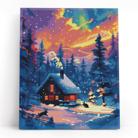 Set goblen cu diamante, cu sasiu, Cabana iarna, 40x50 cm [1]