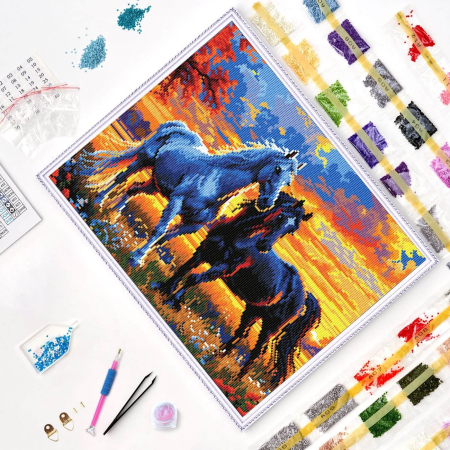 Set goblen cu diamante, cu sasiu, Armasari la apus, 40x50 cm [3]