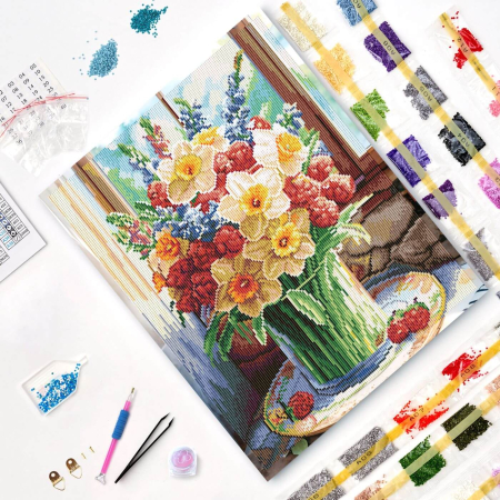 Set goblen cu diamante, cu sasiu, Vara intr-o vaza, 40x50 cm [2]