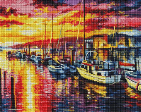 Diamante patrate - Set goblen cu diamante, cu sasiu, Rasarit in port, 40x50 cm