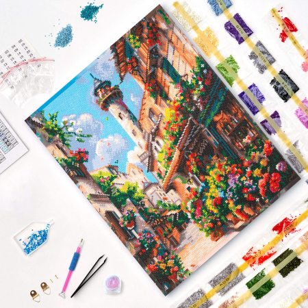 Set goblen cu diamante, cu sasiu, Strada infloritoare, 40x50 cm [2]