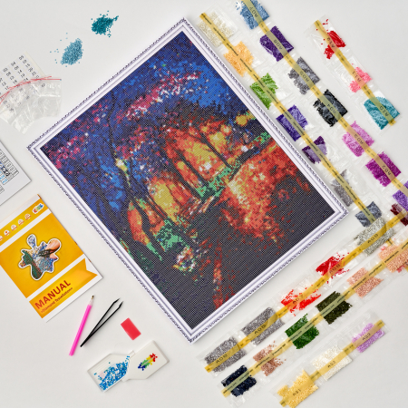 Set goblen cu diamante, cu sasiu, Seara de Toamna, 40x50 cm [1]