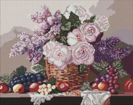 Goblenuri cu diamante cu sasiu - Set goblen cu diamante, cu sasiu, Cos cu flori si fructe, 40x50 cm