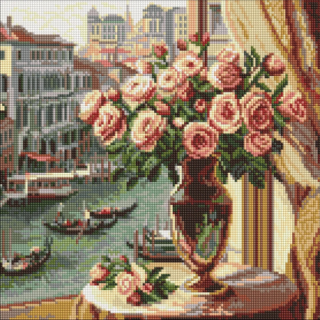 Goblenuri cu diamante - Set goblen cu diamante, cu sasiu, Trandafiri in Venetia, 40x40 cm