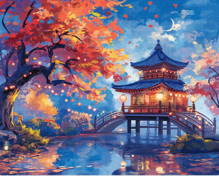 Goblenuri cu diamante cu sasiu - Set goblen cu diamante, cu sasiu, Pagoda in noaptea de toamna, 40x50 cm
