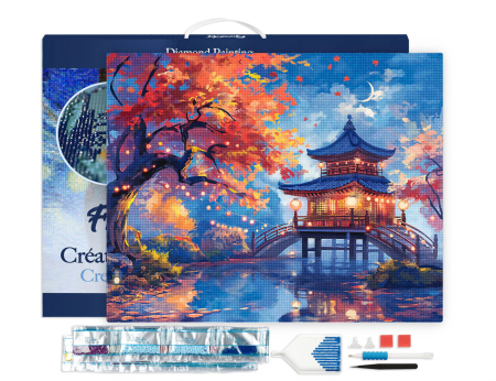 Set goblen cu diamante, cu sasiu, Pagoda in noaptea de toamna, 40x50 cm [1]