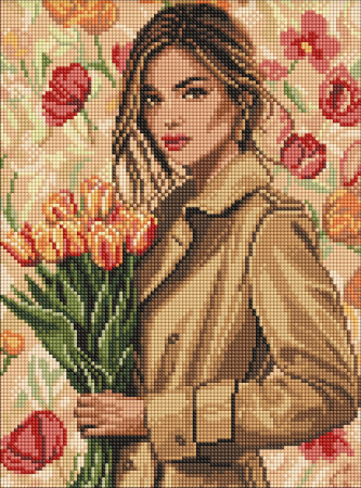 Goblenuri cu diamante - Set goblen cu diamante, cu sasiu, Fata cu lalele, 30x40 cm