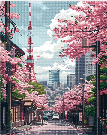 Set goblen cu diamante, fara sasiu, Strada cu ciresi in Tokyo, 40x50 cm