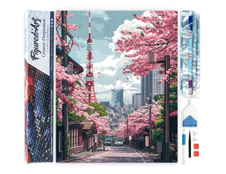 Set goblen cu diamante, fara sasiu, Strada cu ciresi in Tokyo, 40x50 cm [2]