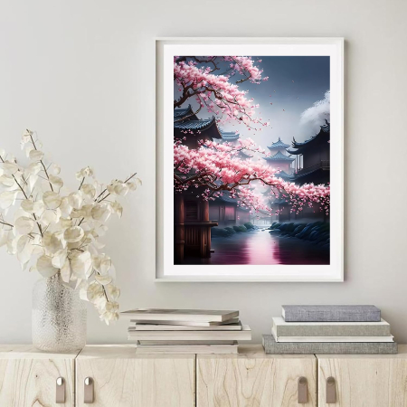 Set goblen cu diamante, fara sasiu, Sakura noaptea, 30x40 cm [1]