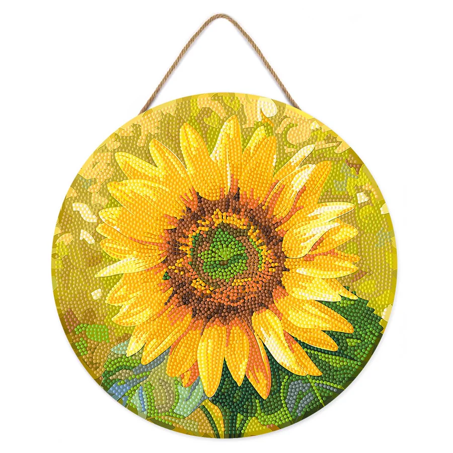 Diamante rotunde - Set goblen cu diamante rotund, pe lemn, Floarea soarelui, Ø30cm