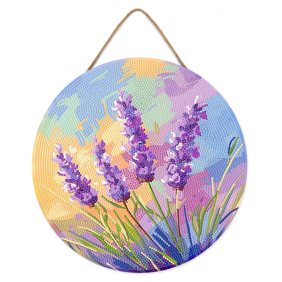 Diamante rotunde - Set goblen cu diamante rotund, pe lemn, Lavanda, Ø30cm