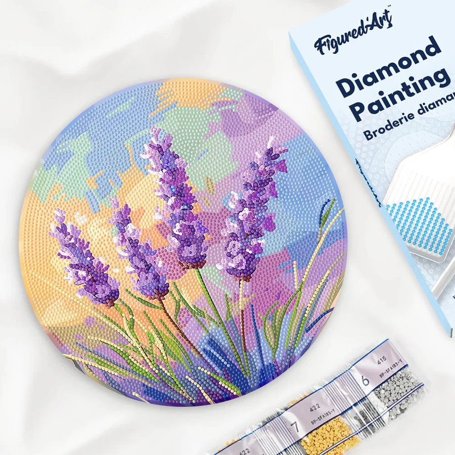 Set goblen cu diamante rotund, pe lemn, Lavanda, Ø30cm [1]
