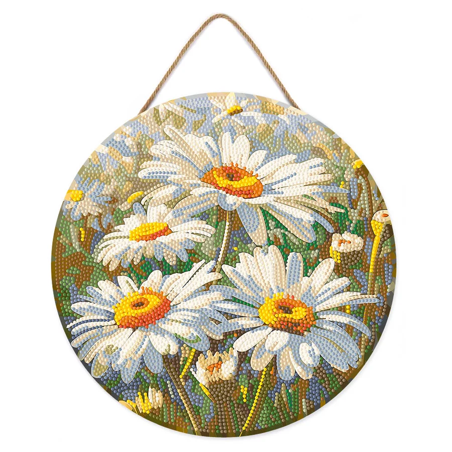 Diamante rotunde - Set goblen cu diamante rotund, pe lemn, Margarete, Ø30cm