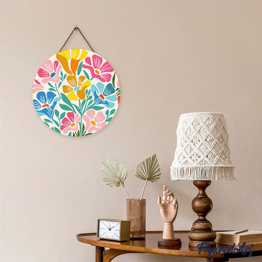 Set goblen cu diamante rotund, pe lemn, Motive florale, Ø30cm [6]