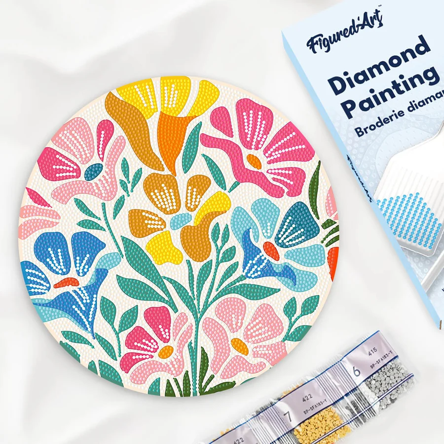 Set goblen cu diamante rotund, pe lemn, Motive florale, Ø30cm [5]