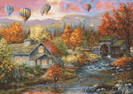 Set goblen de cusut, cu diagrama, Moara paraului de toamna, 34x24 cm