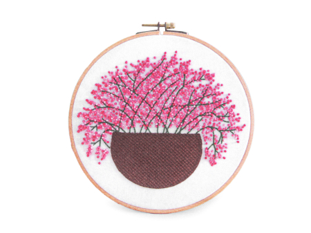Broderii & Tesaturi - Set pentru brodat, fara gherghef, cu imprimeu, Ghiveci cu flori roz, 15x22 cm
