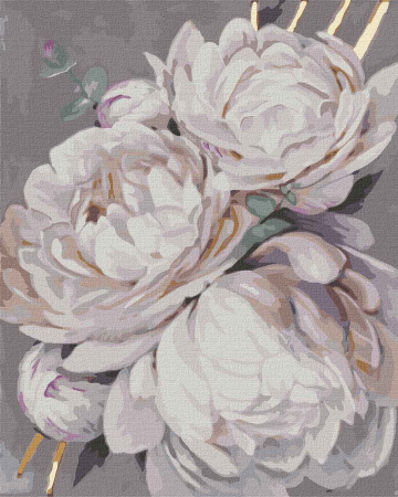 Set pictura pe numele, cu sasiu, Bujori albi - vopsea metalizata, 40x50 cm [0]