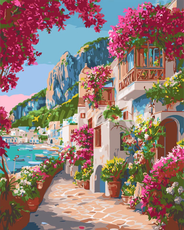 Picturi pe numere 40x50 cm – modele variate pentru toate gusturile - Set pictura pe numere, cu sasiu, Alee inflorita in Capri, 40x50 cm