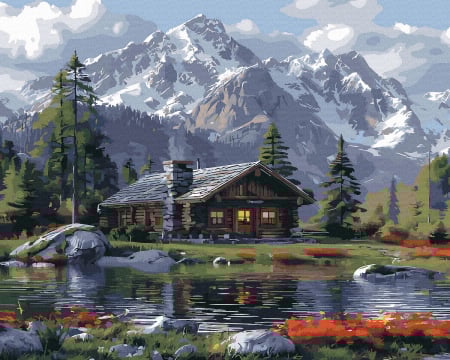 Dimensiune clasica 40x50cm - Set pictura pe numere, cu sasiu, Refugiu montan, 40x50 cm