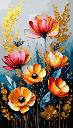 Picturi pe numere triptice și dimensiuni mari – tablouri cu impact vizual - Set pictura pe numere, cu sasiu, Camp auriu de maci, 40x70 cm