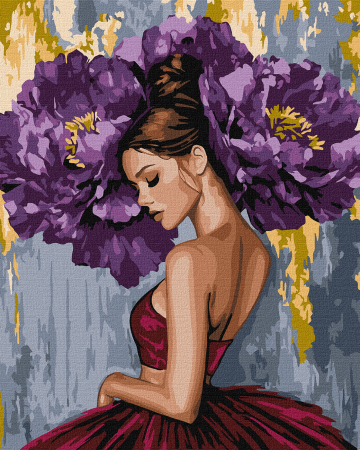 Dimensiune clasica 40x50cm - Set pictura pe numere, cu sasiu, Balerina cu bujori violeti - culori metalizate, 40x50 cm
