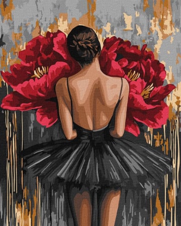 Dimensiune clasica 40x50cm - Set pictura pe numere, cu sasiu, Balerina cu bujori rosii - vopsele metalizate, 40x50 cm