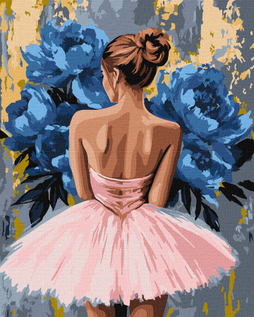 Set pictura pe numere, cu sasiu, Balerina cu bujori albastri - culori metalizate, 40x50 cm