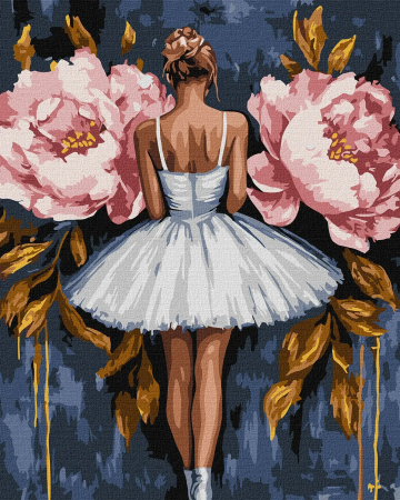Picturi pe numere - Set pictura pe numere, cu sasiu, Balerina cu bujori roz - extra culori metalizate, 40x50 cm