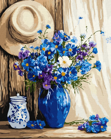 Picturi pe numere 40x50 cm – modele variate pentru toate gusturile - Set pictura pe numere, cu sasiu, Buchet de albastrele, 40x50 cm