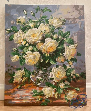 Set pictura pe numere, cu sasiu, Buchet de trandafiri albi, 40x50 cm [3]