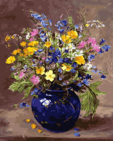 Dimensiune clasica 40x50cm - Set pictura pe numere, cu sasiu, Buchet in vaza albastra, 40x50 cm