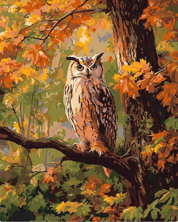 Picturi pe numere - Set pictura pe numere, cu sasiu, Bufnita printre frunze ruginii, 40x50 cm