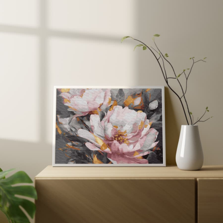 Set pictura pe numere, cu sasiu, Bujori albi - culori aurii, 40x50 cm [3]