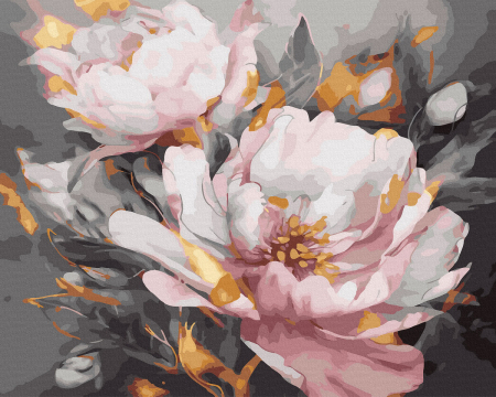 Picturi pe numere - Set pictura pe numere, cu sasiu, Bujori albi - culori aurii, 40x50 cm