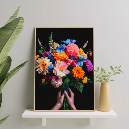 Set pictura pe numere, cu sasiu, Buchet colorat - canvas negru, 40x50 cm [3]