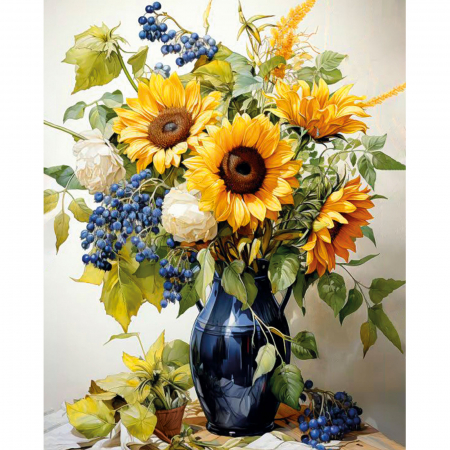 Set pictura pe numere, cu sasiu, Floarea soarelui aurie, 40x50 cm