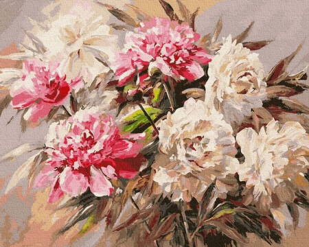 Dimensiune clasica 40x50cm - Set pictura pe numere, cu sasiu, Buchet de bujori, 40x50 cm