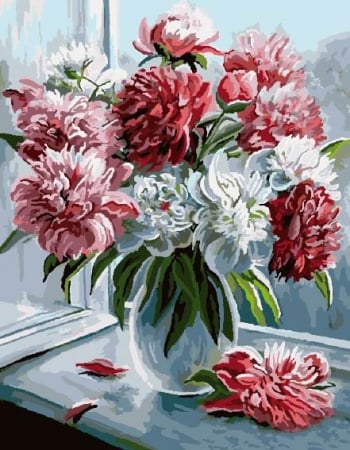 Dimensiune clasica 40x50cm - Set pictura pe numere, cu sasiu, Bujori la fereastra, 40x50 cm