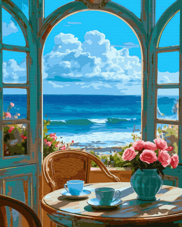 Dimensiune clasica 40x50cm - Set pictura pe numere, cu sasiu, Dimineata la mare, 40x50 cm