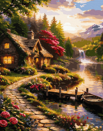 Picturi pe numere 40x50 cm – modele variate pentru toate gusturile - Set pictura pe numere, cu sasiu, Cabana la apus, 40x50 cm