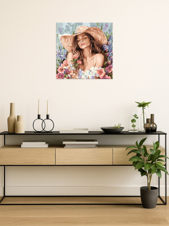 Set pictura pe numere, cu sasiu, Fata cu palarie printre flori, 40x40 cm [1]