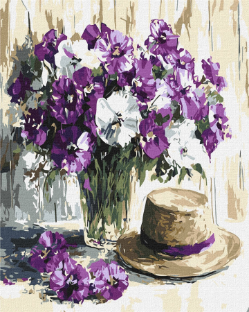 Picturi pe numere 40x50 cm – modele variate pentru toate gusturile - Set pictura pe numere, cu sasiu, Palarie si flori mov, 40x50 cm