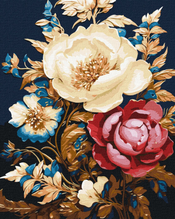 Aurii & metalizate - Set pictura pe numere, cu sasiu, Magie florala - vopsele metalizate, 40x50 cm