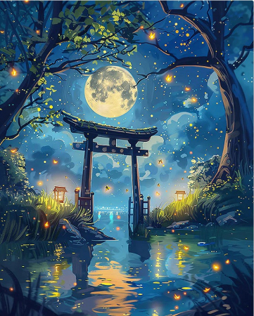 Dimensiune clasica 40x50cm - Set pictura pe numere, cu sasiu, Torii sub clar de luna si licurici, 40x50 cm