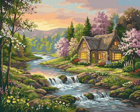 Picturi pe numere - Set pictura pe numere, cu sasiu, Casa in gradina cu flori, 40x50 cm