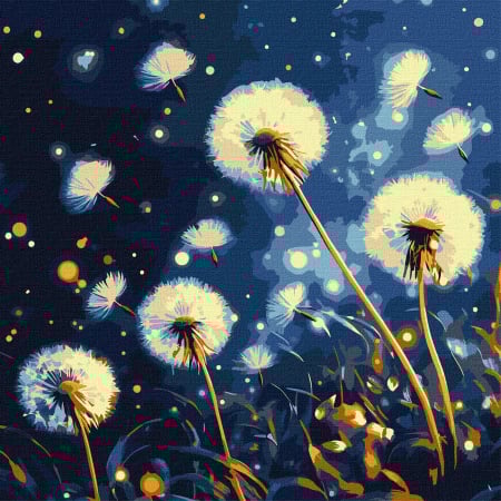 Aurii & metalizate - Set pictura pe numere, cu sasiu, Zbor de papadii in noapte - extra culori metalizate, 40x40 cm
