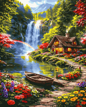 Picturi pe numere 40x50 cm – modele variate pentru toate gusturile - Set pictura pe numere, cu sasiu, Casa langa cascada, 40x50 cm