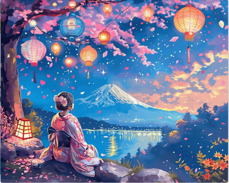 Set pictura pe numere, cu sasiu, Gheisa, lanterne si muntele Fuji, 40x50 cm